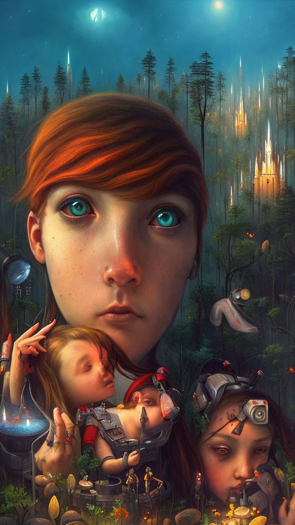 Fantastical artwork of a girl with blue eyes in a forest with futuristic elements