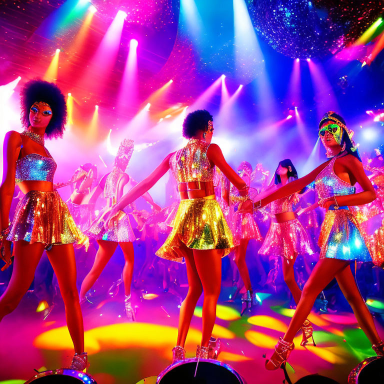 Sparkly Costumed Dancers in Vibrant Disco Lights