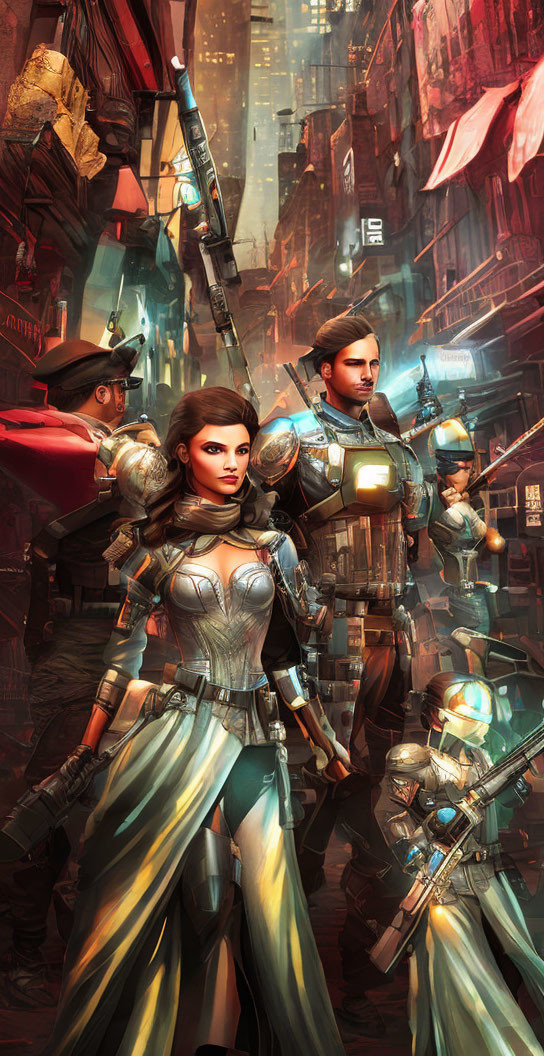 Futuristic soldiers in armor with advanced weapons in dystopian cityscape