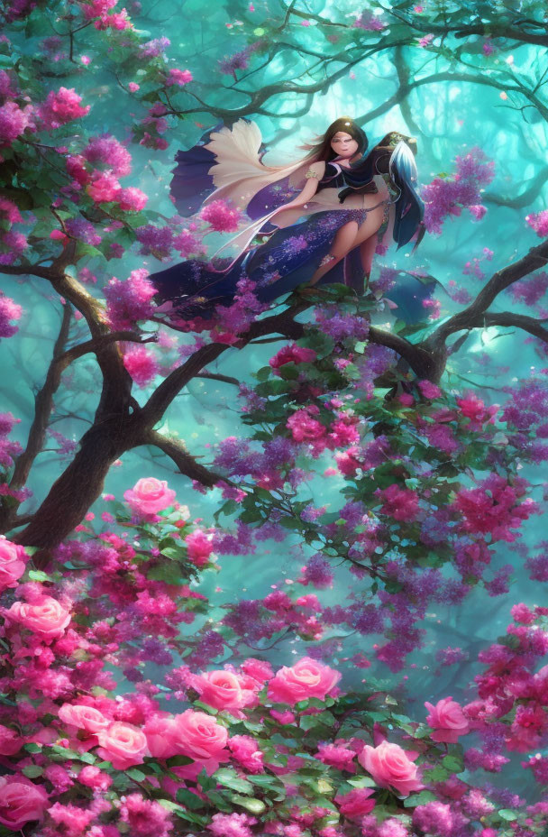 Young woman with wings on branch amid pink flowers and turquoise backdrop