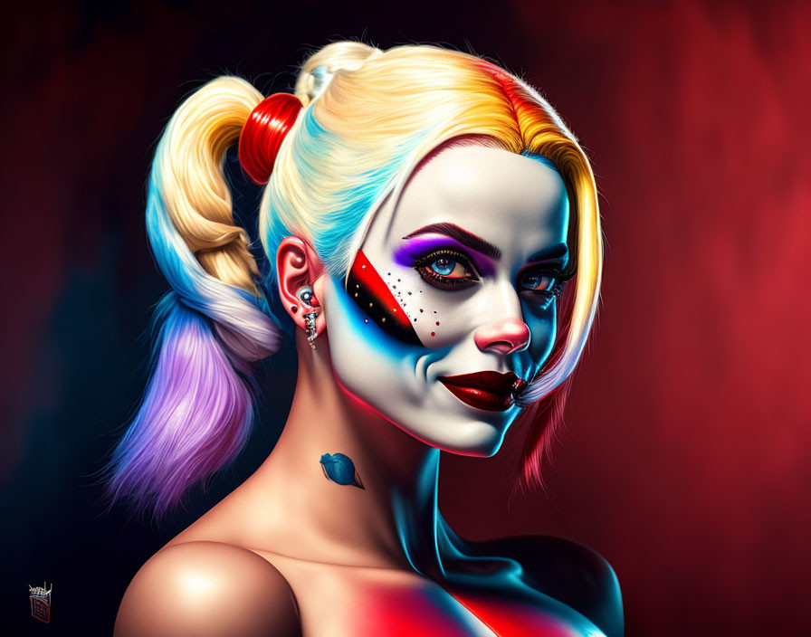 Colorful portrait of a woman with Harley Quinn-inspired makeup and pigtails on gradient backdrop
