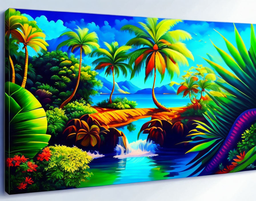 Colorful Tropical Landscape Painting on Canvas - Palm Trees, Waterfall, Foliage, Mountains