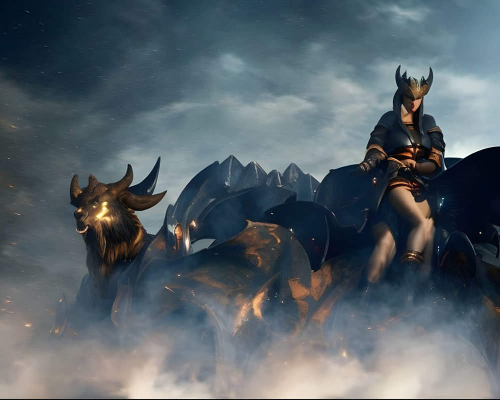 Fantasy scene: Warrior in black armor on armored beast under dramatic sky