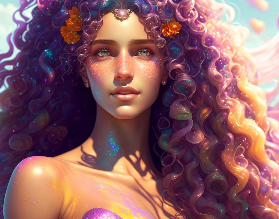 Digital artwork: Woman with voluminous purple hair, orange flowers, and iridescent skin under sunlight