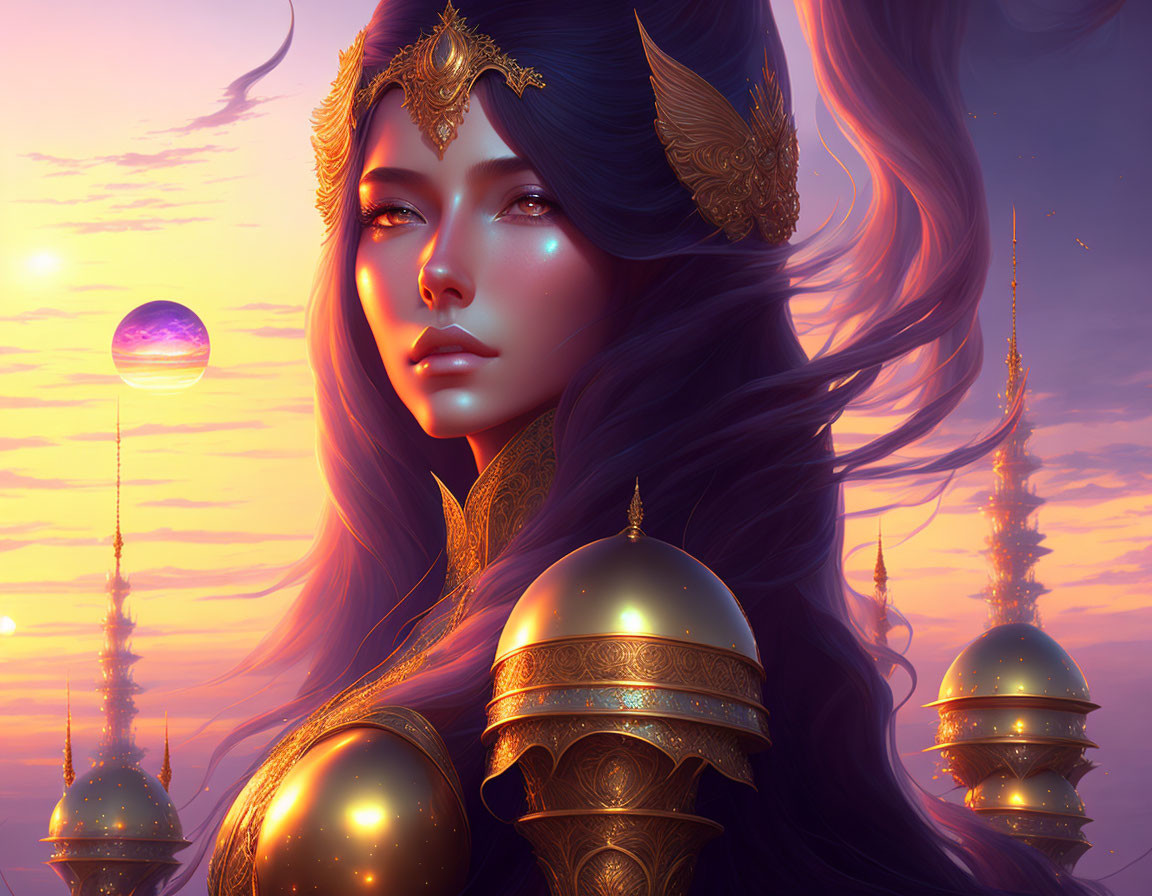 Warrior woman fantasy art with golden armor and sunset backdrop