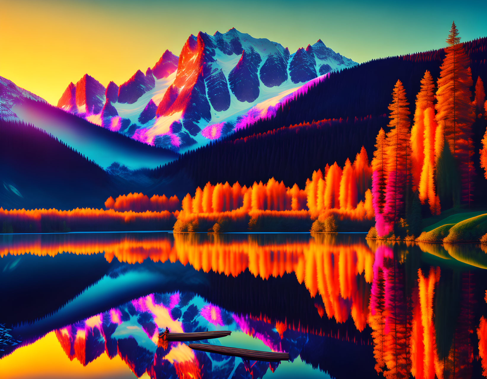 Colorful Mountain Landscape with Reflective Lake and Boat at Sunset