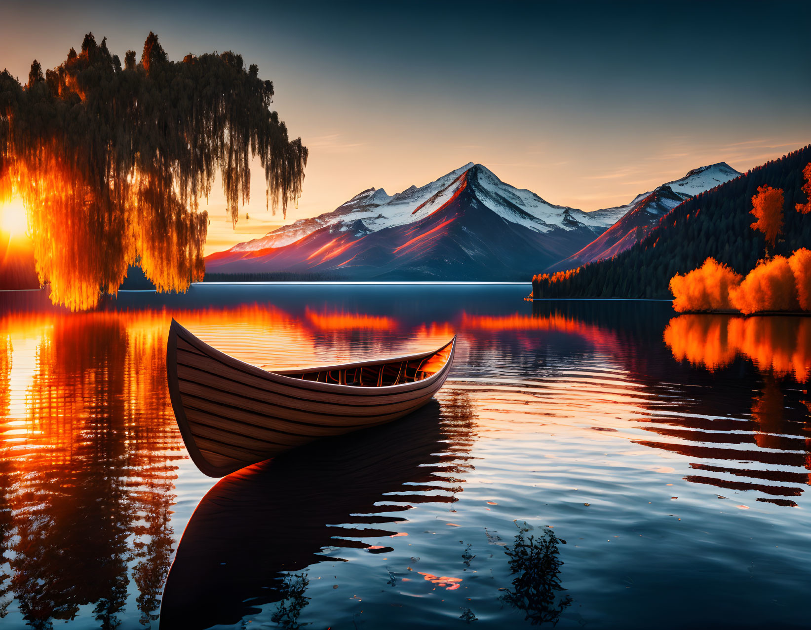 Tranquil sunset scene: boat, autumn trees, snow-capped mountains