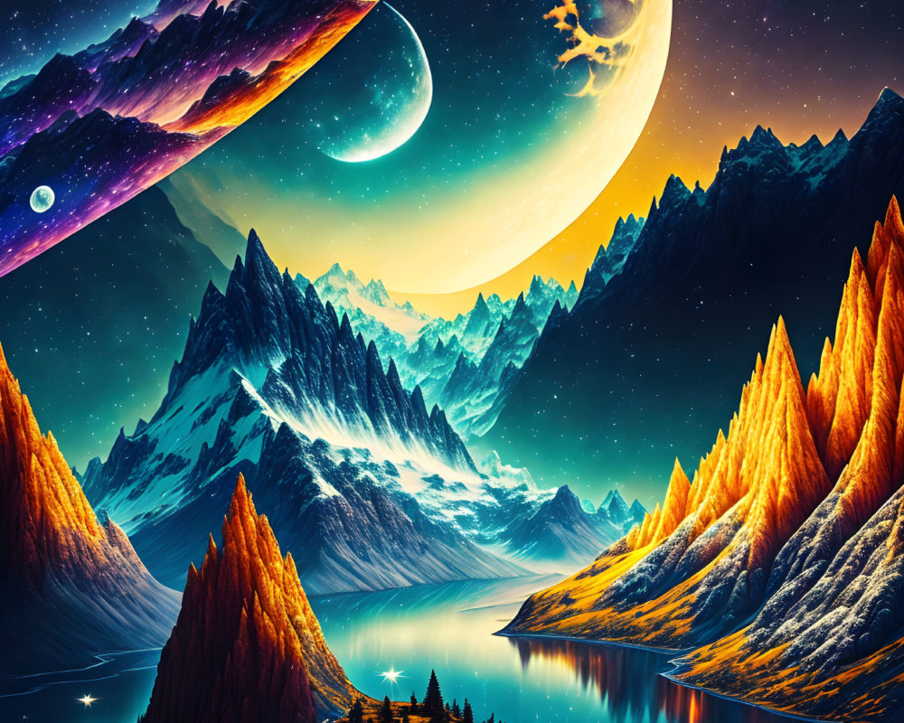 Surreal digital art of towering mountains, reflective lake, fiery trees, and fantastical sky