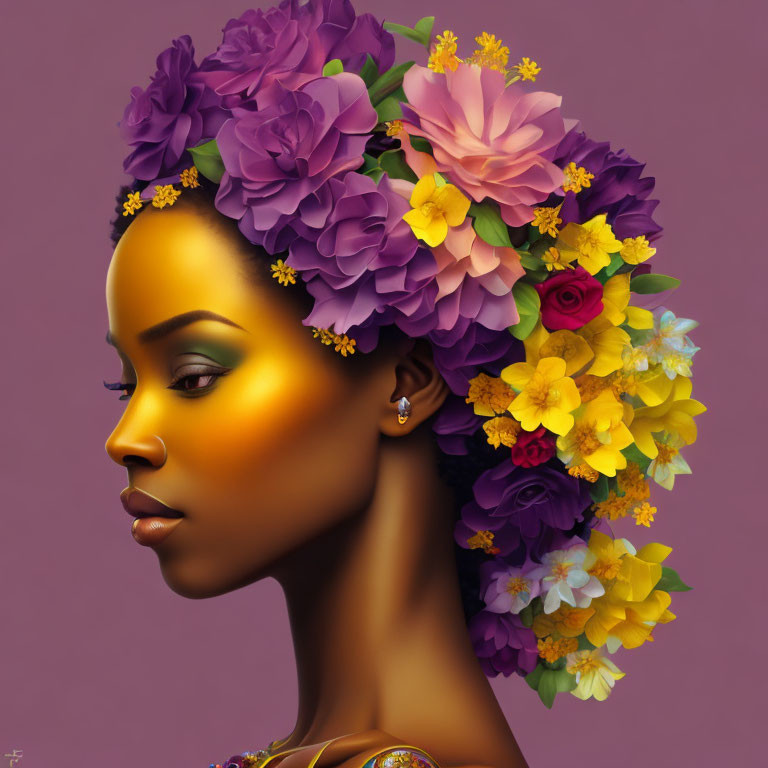 Woman's Profile Adorned with Vibrant Flowers on Purple Background