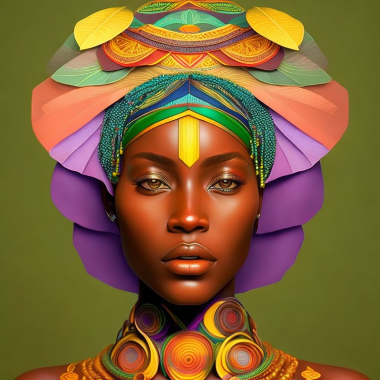 Stylized African woman portrait with vibrant headwrap and ornate collar on green background