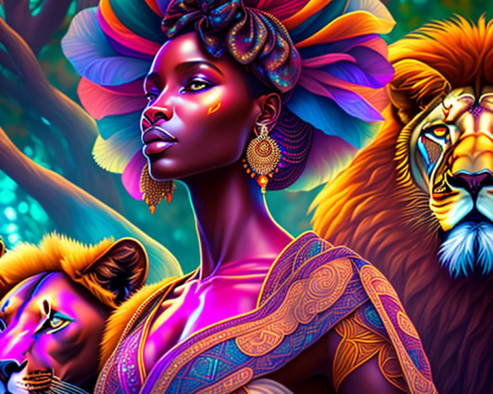 Colorful Portrait of Woman with Elaborate Headwrap and Majestic Lions