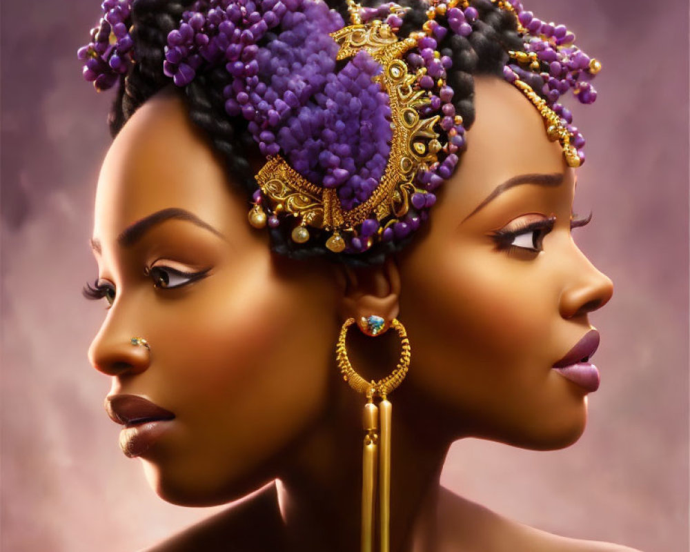 Women with ornate jewelry and purple beaded hair adornments on warm soft-focus background