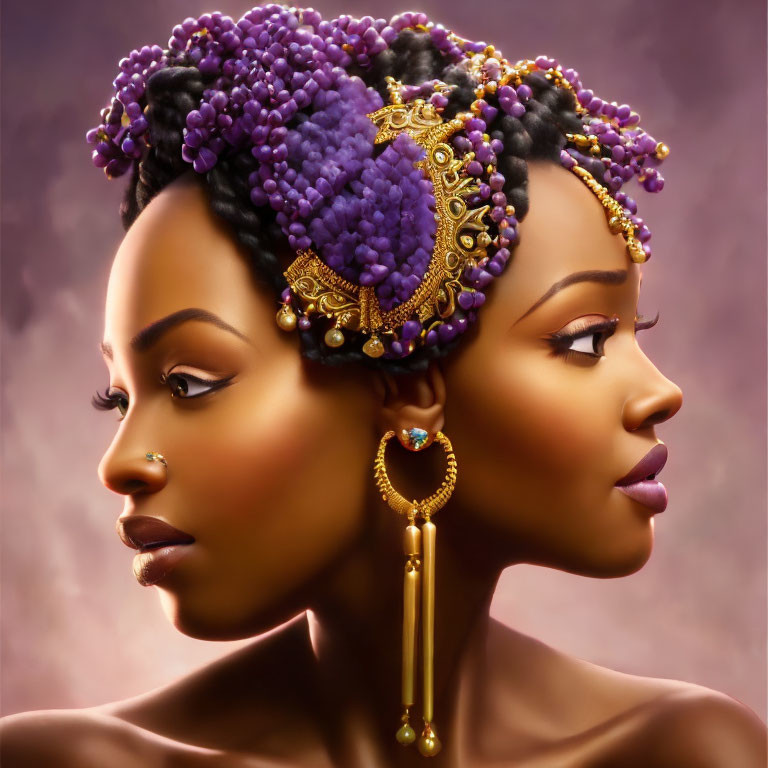 Women with ornate jewelry and purple beaded hair adornments on warm soft-focus background