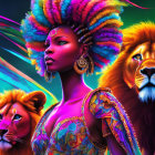 Colorful Portrait of Woman with Elaborate Headwrap and Majestic Lions