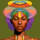 Stylized African woman portrait with vibrant headwrap and ornate collar on green background