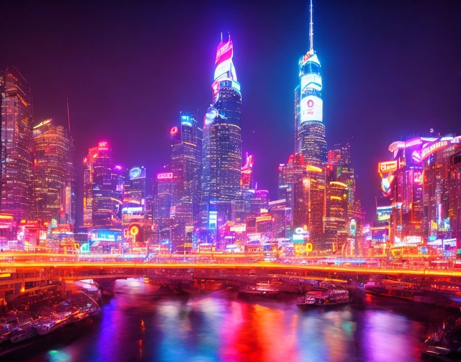 City skyline at night with neon-lit skyscrapers reflecting on river under purple sky