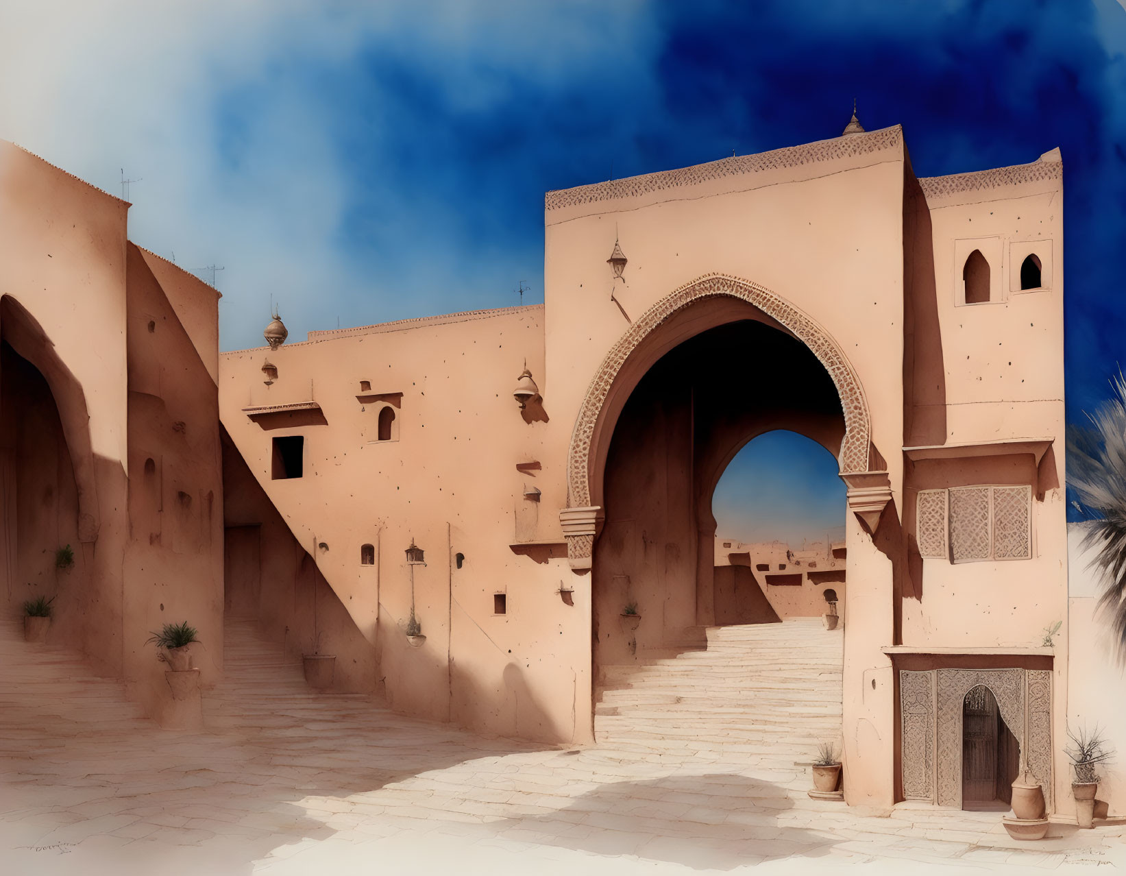 Desert Kasbah with Arched Entrance and Sandy Walls