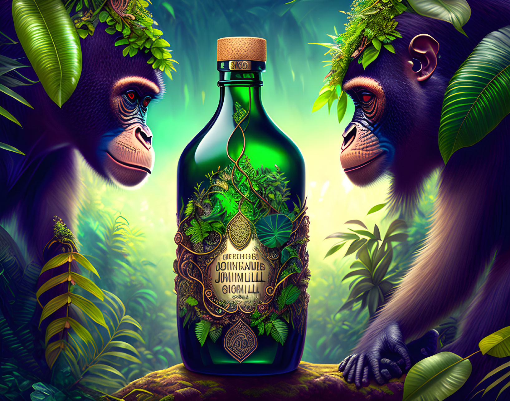 Gorillas with plant-themed bottle in jungle setting