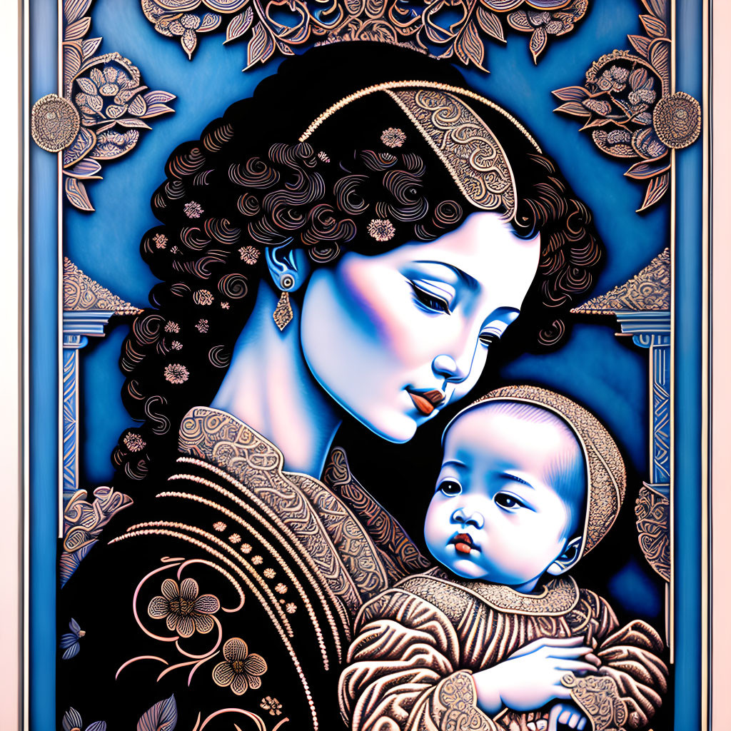 Stylized illustration of woman with ornate head jewelry holding infant on blue floral background