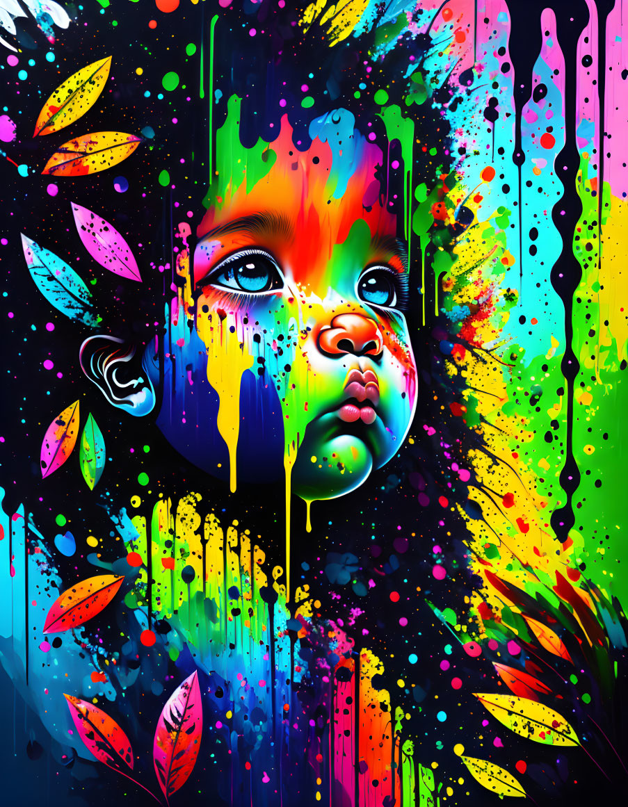 Vibrant child portrait with paint drips and neon leaves on black background