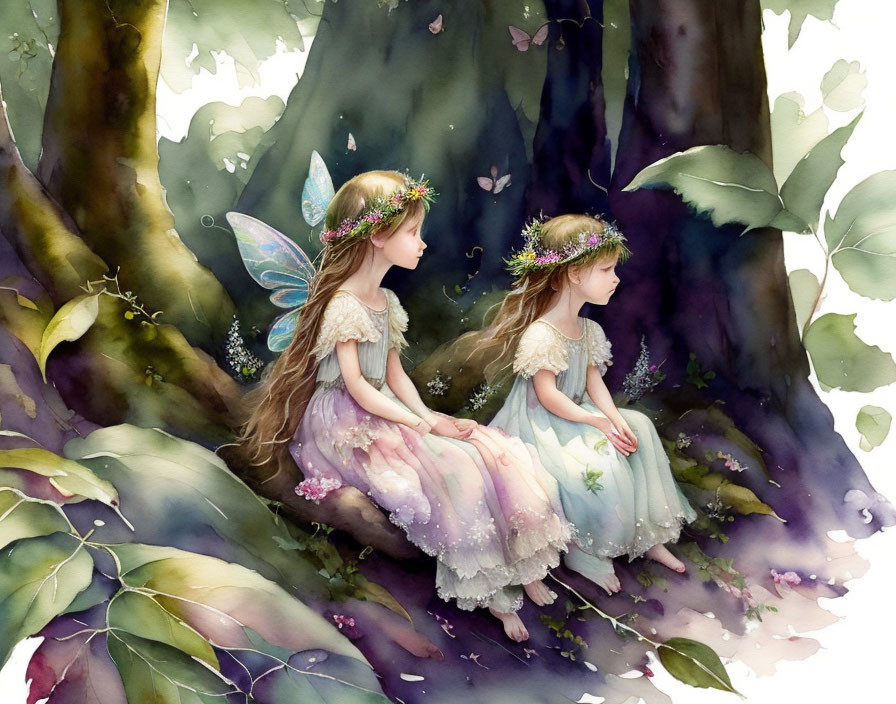 Ethereal fairies with translucent wings in floral crowns beside a tree surrounded by lush greenery