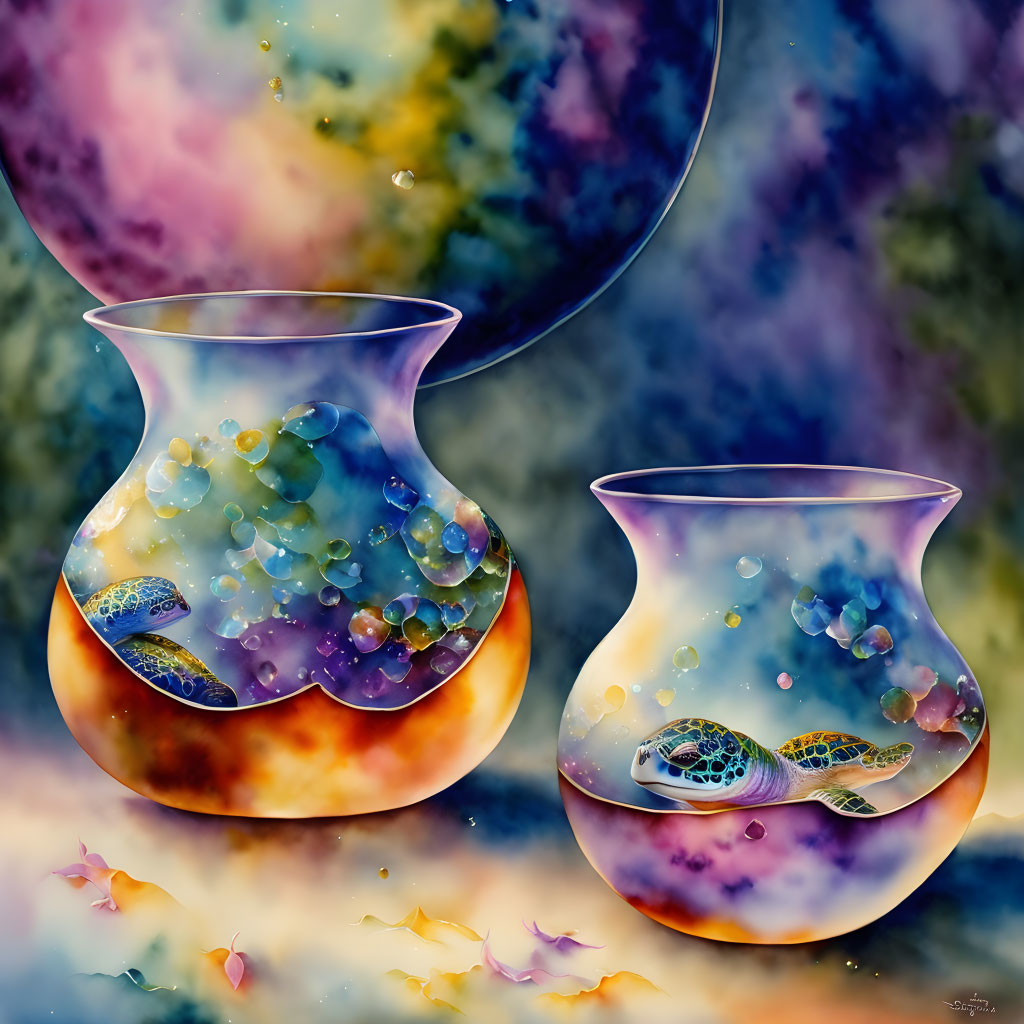 Colorful Cosmic Theme Vases with Bubbles and Turtle on Nebula Background