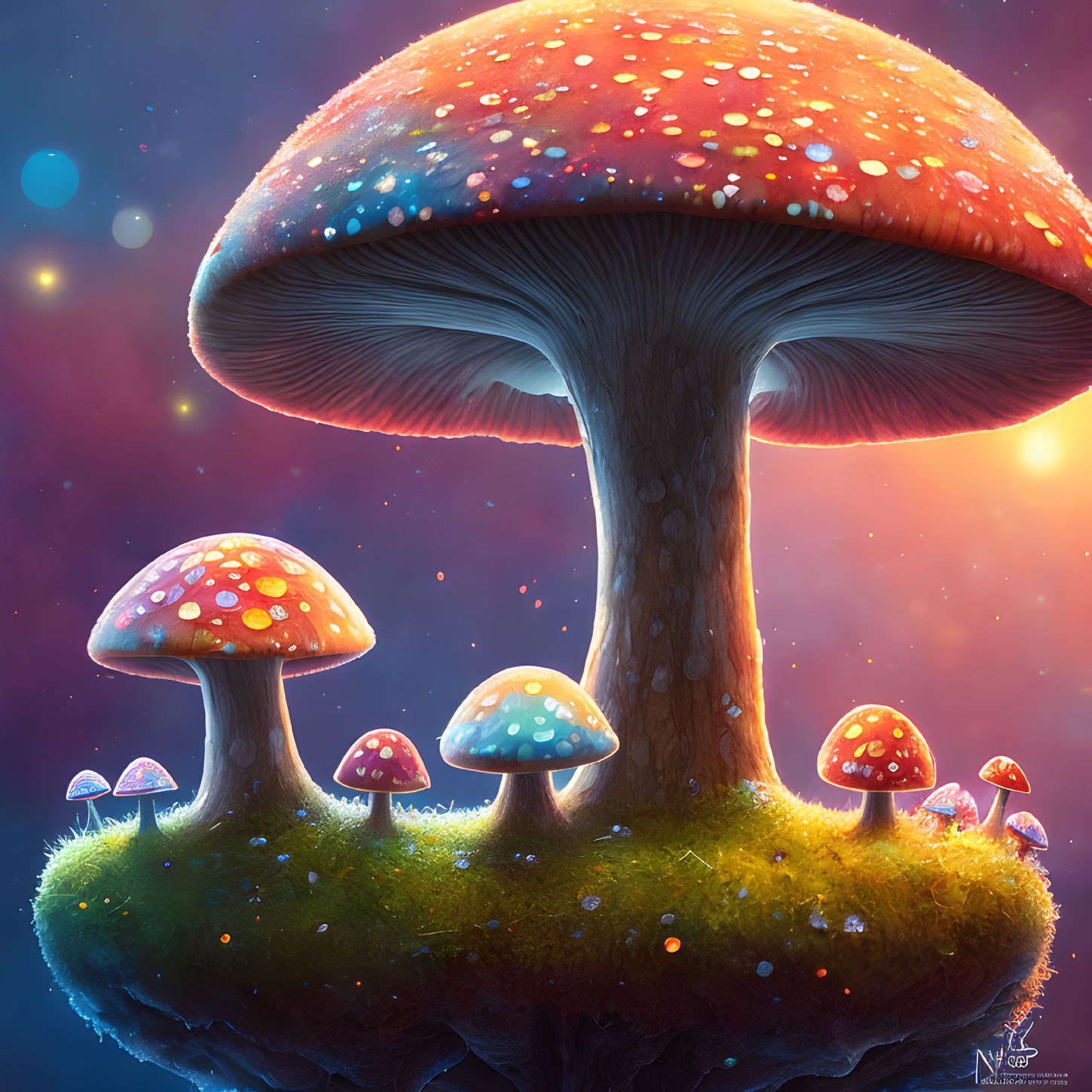 Fantasy mushrooms on floating island under celestial sky