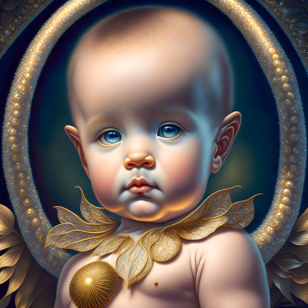 Detailed digital painting of a baby with blue eyes and gold leaf collar on dark ornate background.