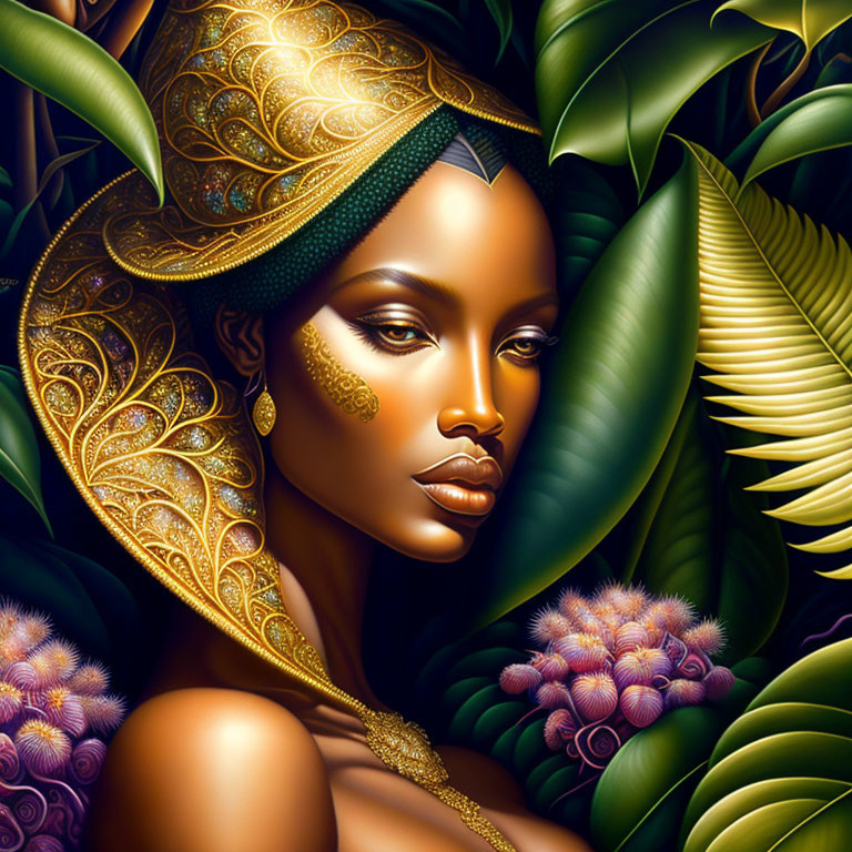Detailed digital artwork of woman with gold headdress in lush greenery