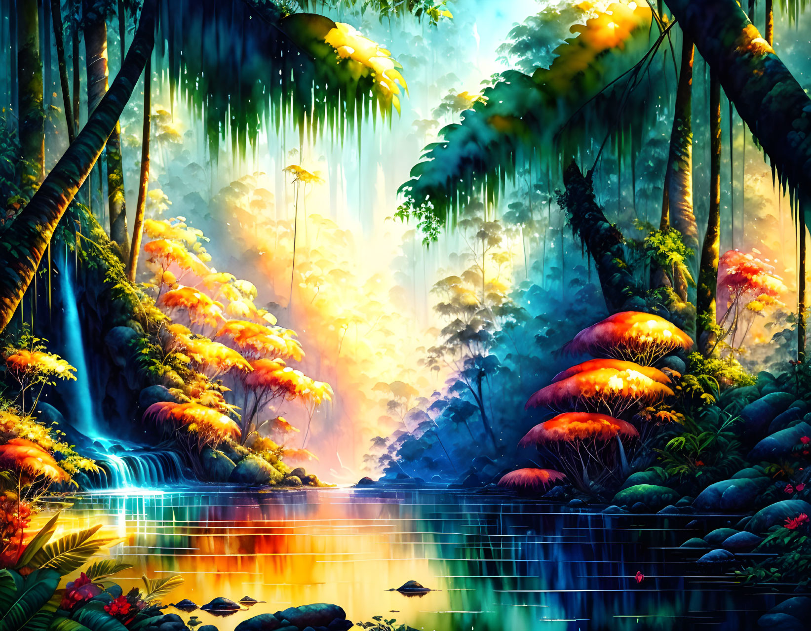 Colorful Digital Art: Mystical Jungle Scene with Glowing Mushrooms and Serene River