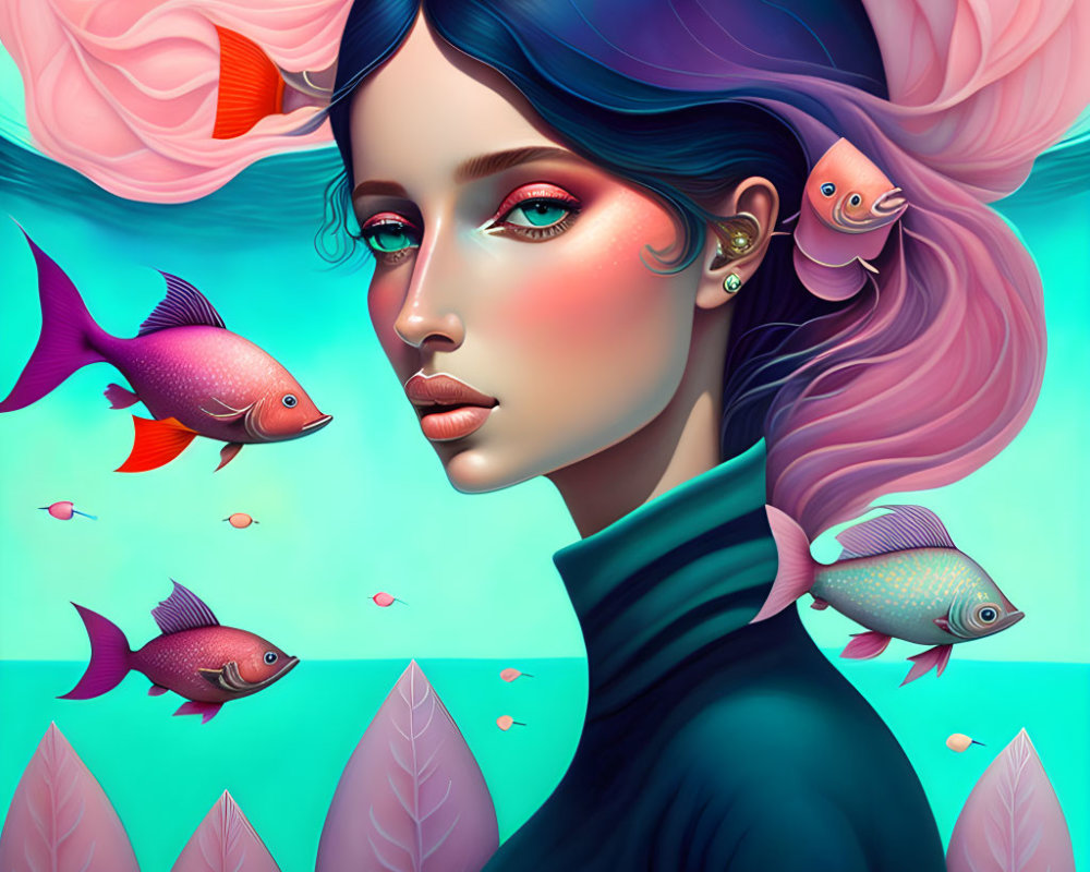 Colorful portrait of woman with blue hair among fish and pink foliage on teal backdrop
