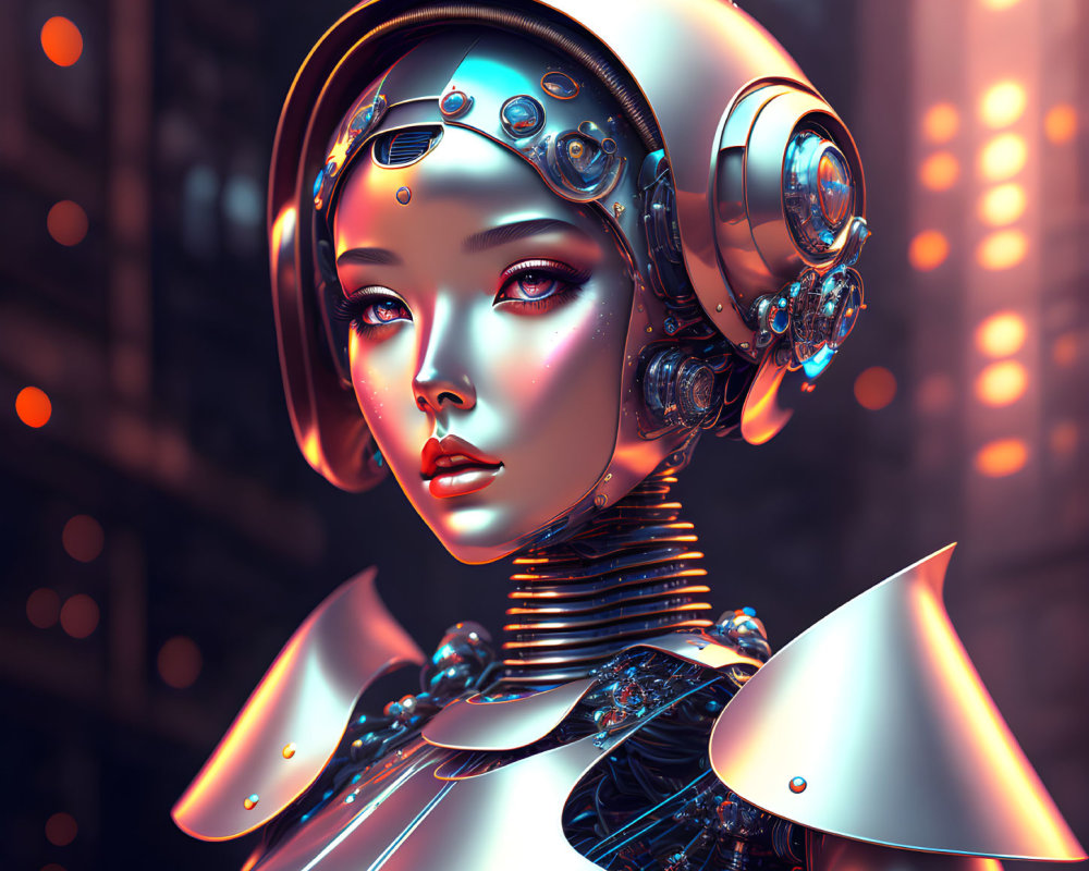 Detailed Chrome Female Robot in Futuristic Armor Against Cityscape