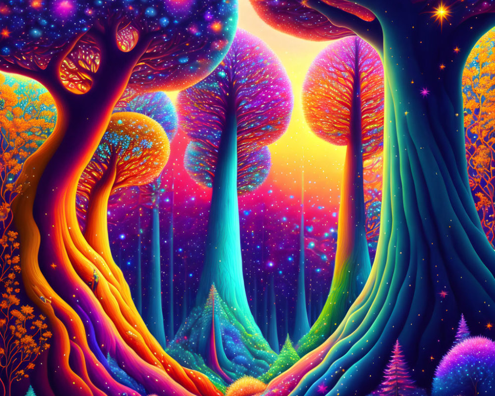 Fantastical neon forest with luminescent trees & starry sky