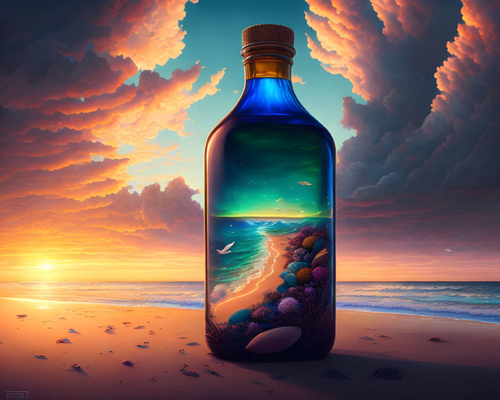 Vibrant ocean scene in a bottle with coral and fish against dramatic sunset