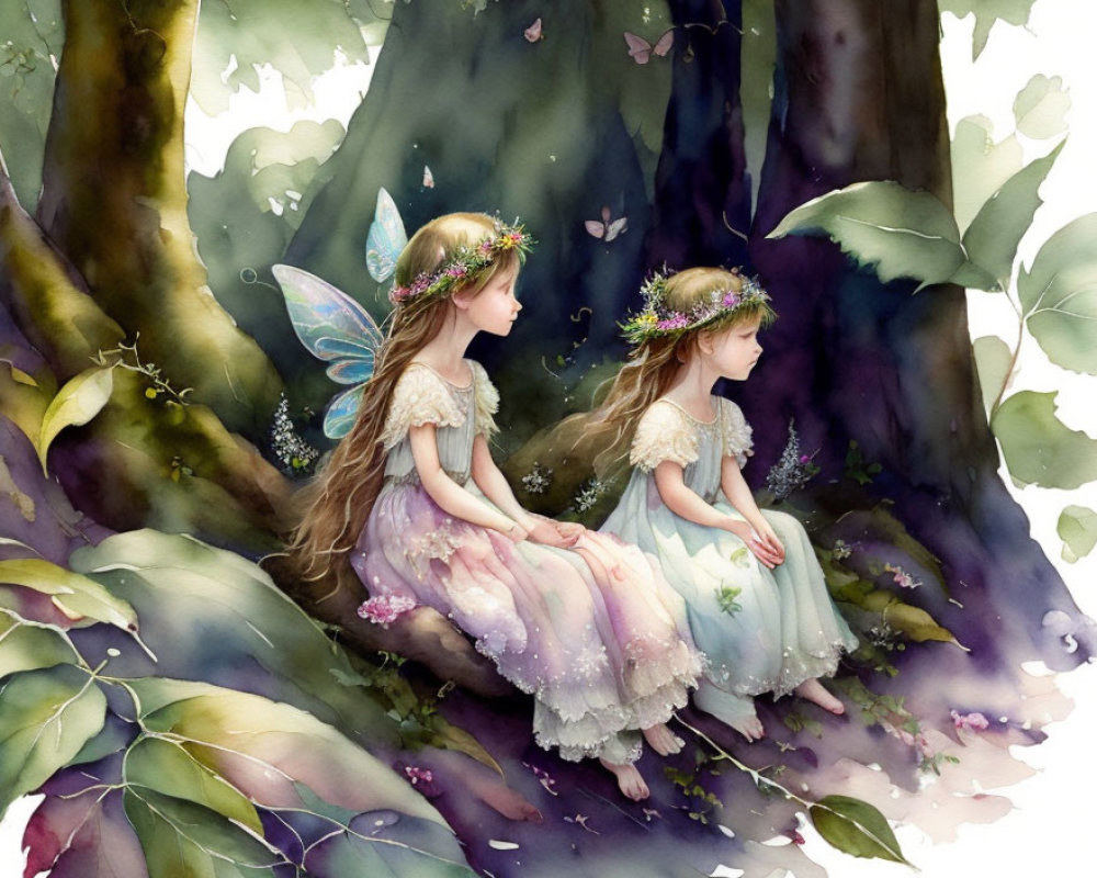 Ethereal fairies with translucent wings in floral crowns beside a tree surrounded by lush greenery