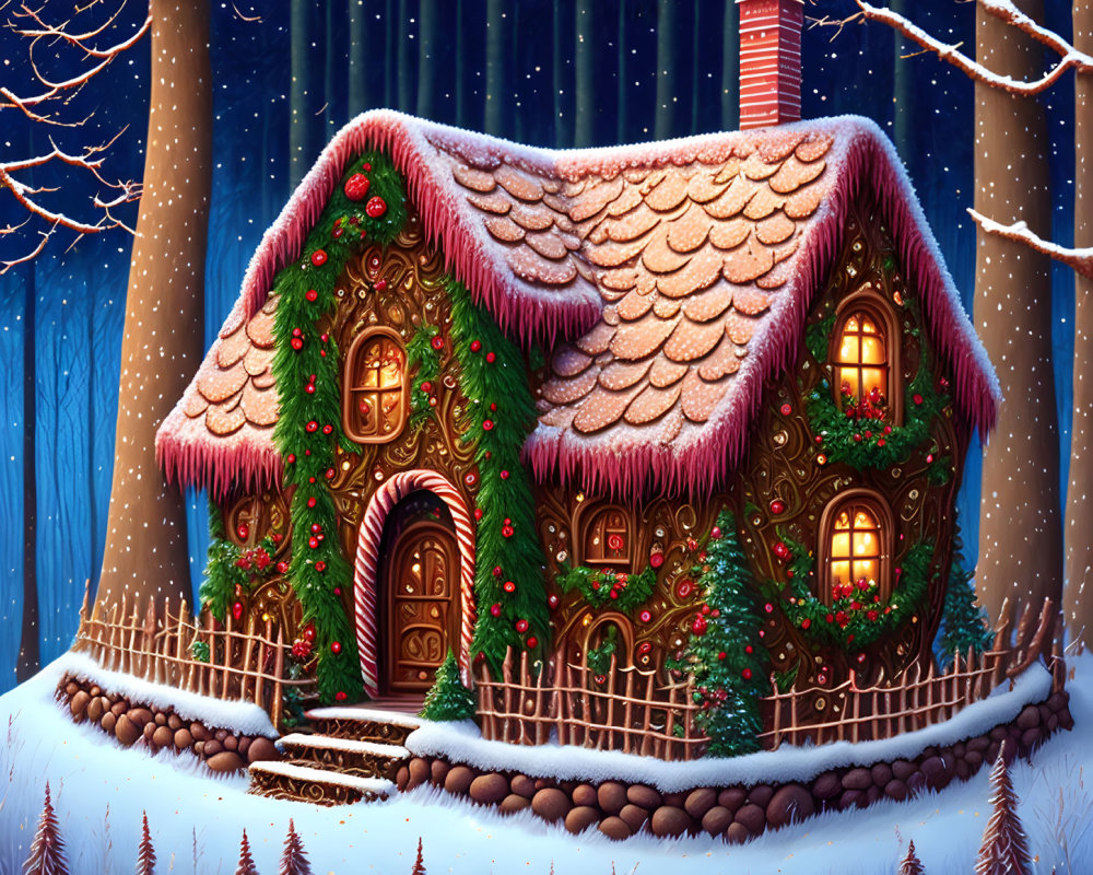 Snow-covered gingerbread house in winter forest with candy decorations