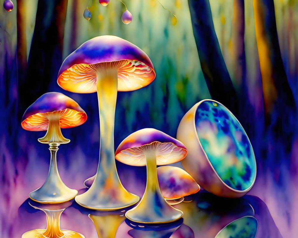 Colorful Glowing Mushrooms in Mystical Forest with Luminous Berries