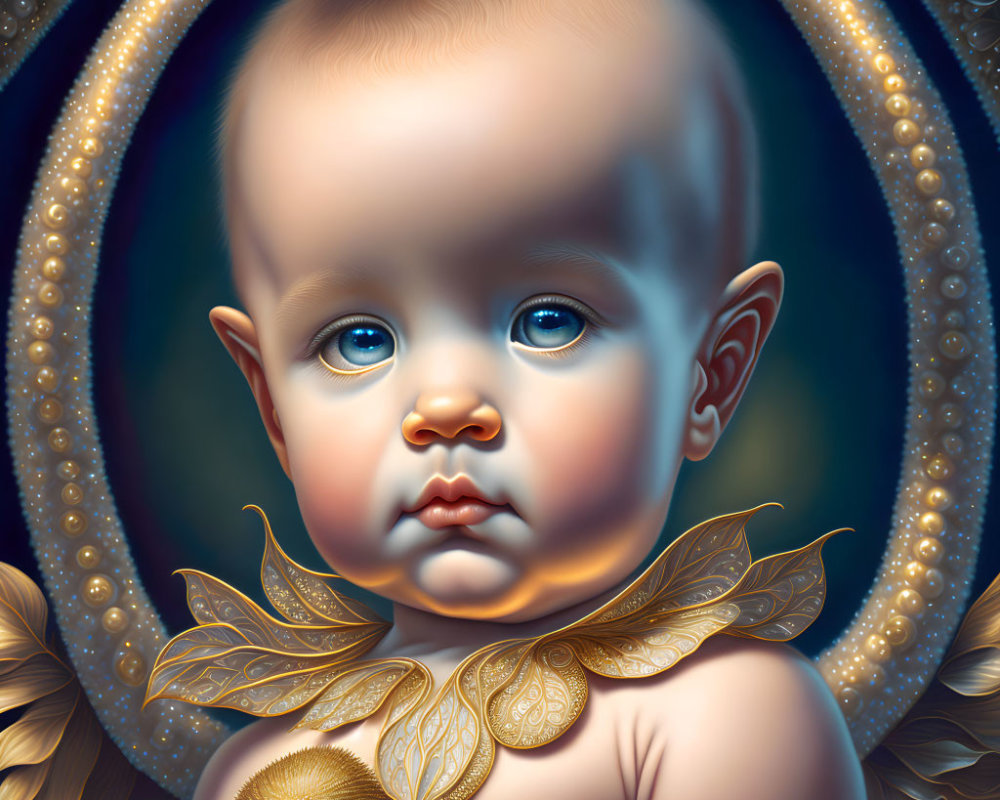 Detailed digital painting of a baby with blue eyes and gold leaf collar on dark ornate background.