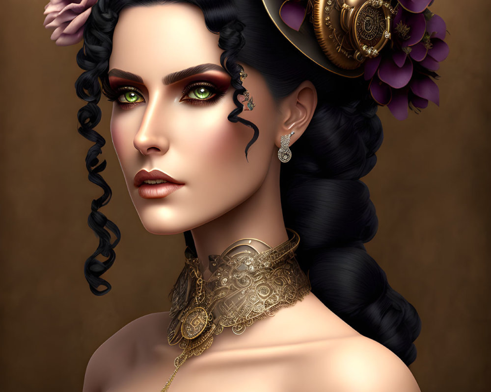 Digital portrait of woman with green eyes, gold headgear, purple flowers, and eye tattoo