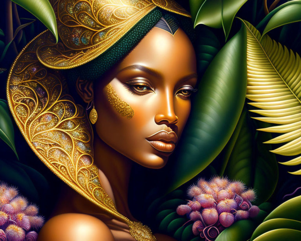 Detailed digital artwork of woman with gold headdress in lush greenery