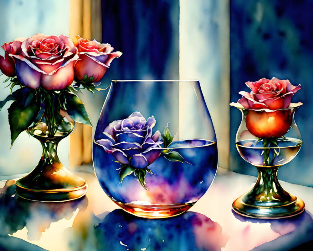 Elegant vases with blooming roses on textured blue backdrop