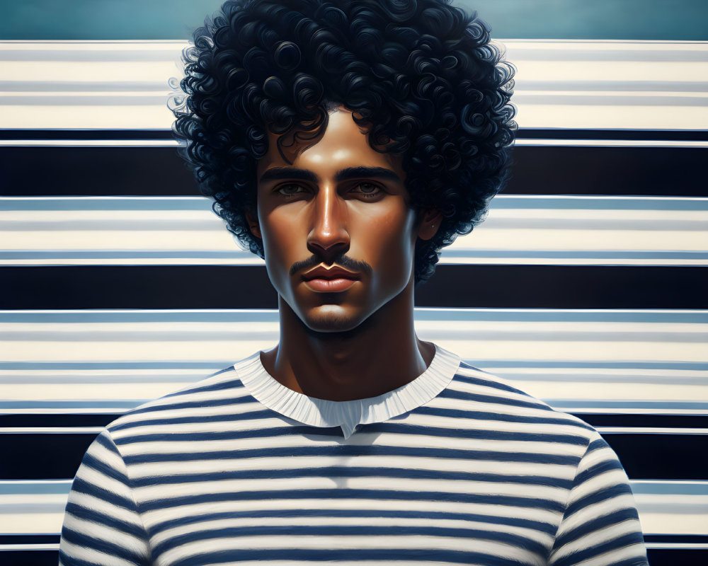 Man with Curly Hair in Striped Shirt Against Horizontal Lines