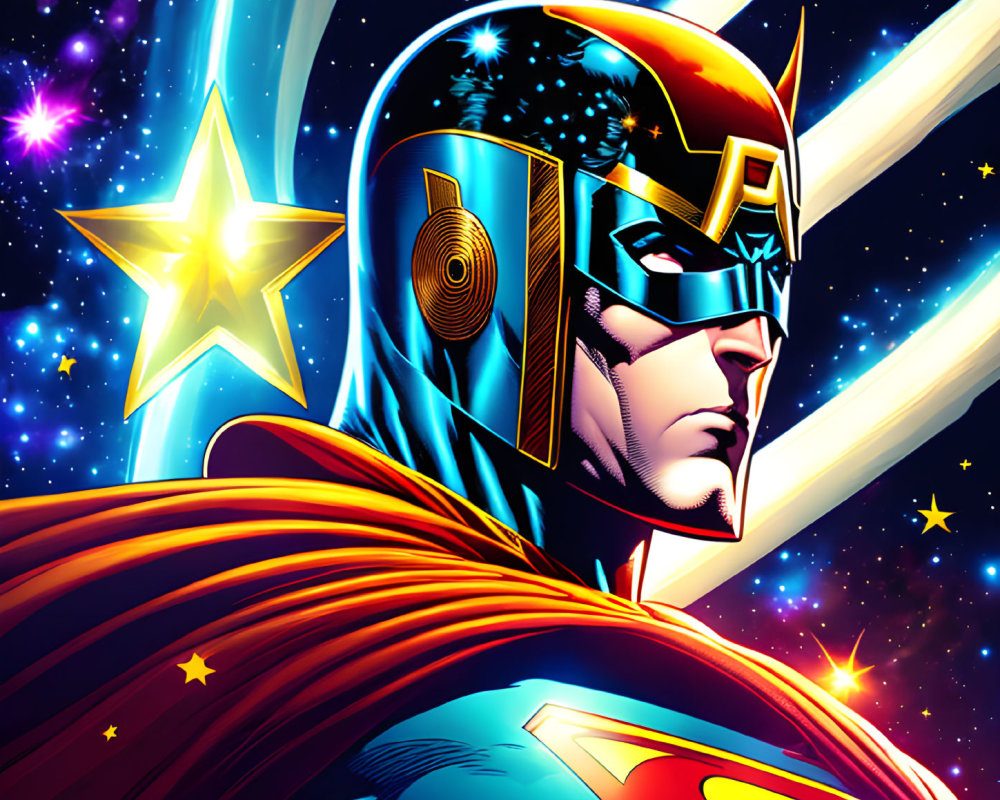 Vibrant superhero illustration with red cape and helmet on cosmic backdrop