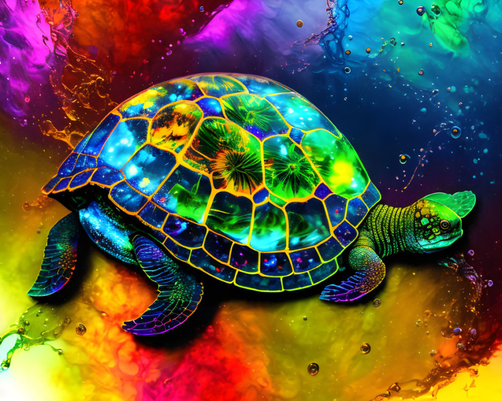 Colorful Turtle Artwork on Multicolored Liquid Background