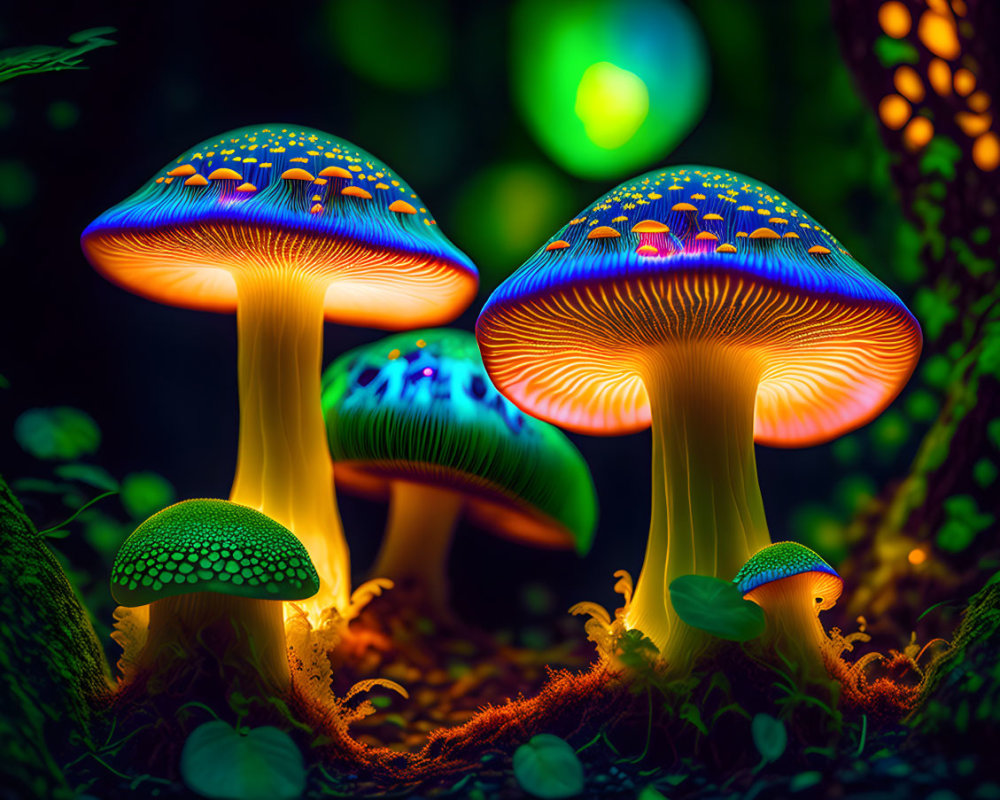 Glowing neon mushrooms in fantastical forest scene