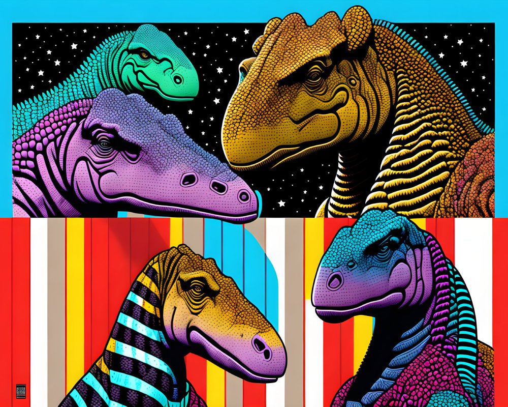 Vibrant Pop Art Style Dinosaur Heads with Colorful Patterns