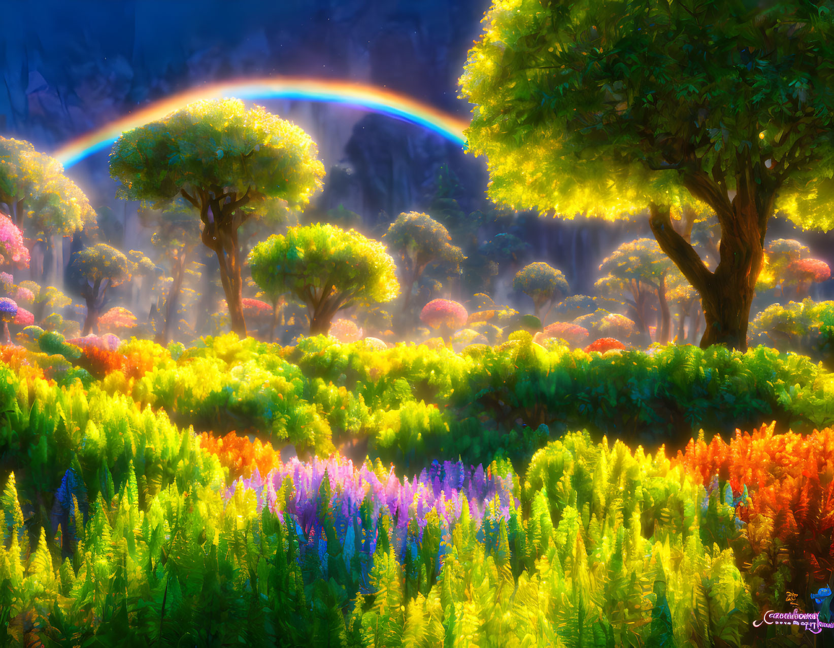 Colorful Forest Landscape with Rainbow, Lush Trees, and Flowers