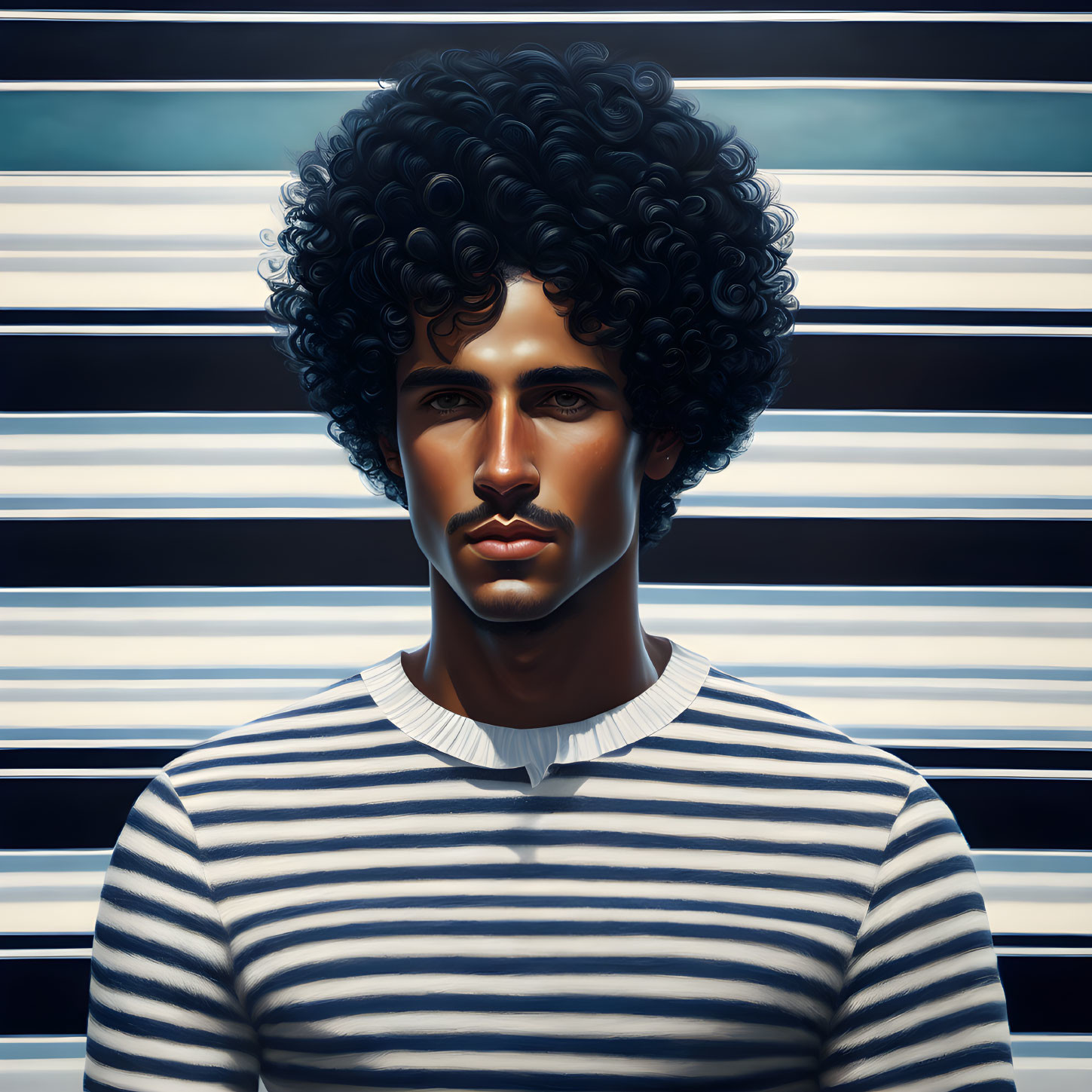 Man with Curly Hair in Striped Shirt Against Horizontal Lines