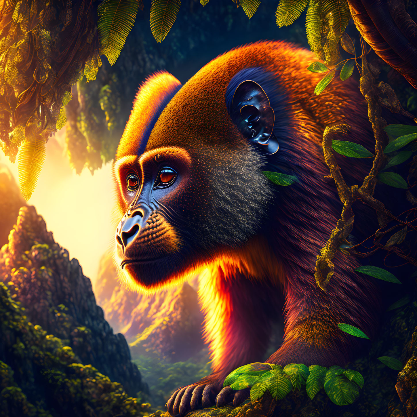 Golden monkey with reflective eyes in lush jungle at sunset