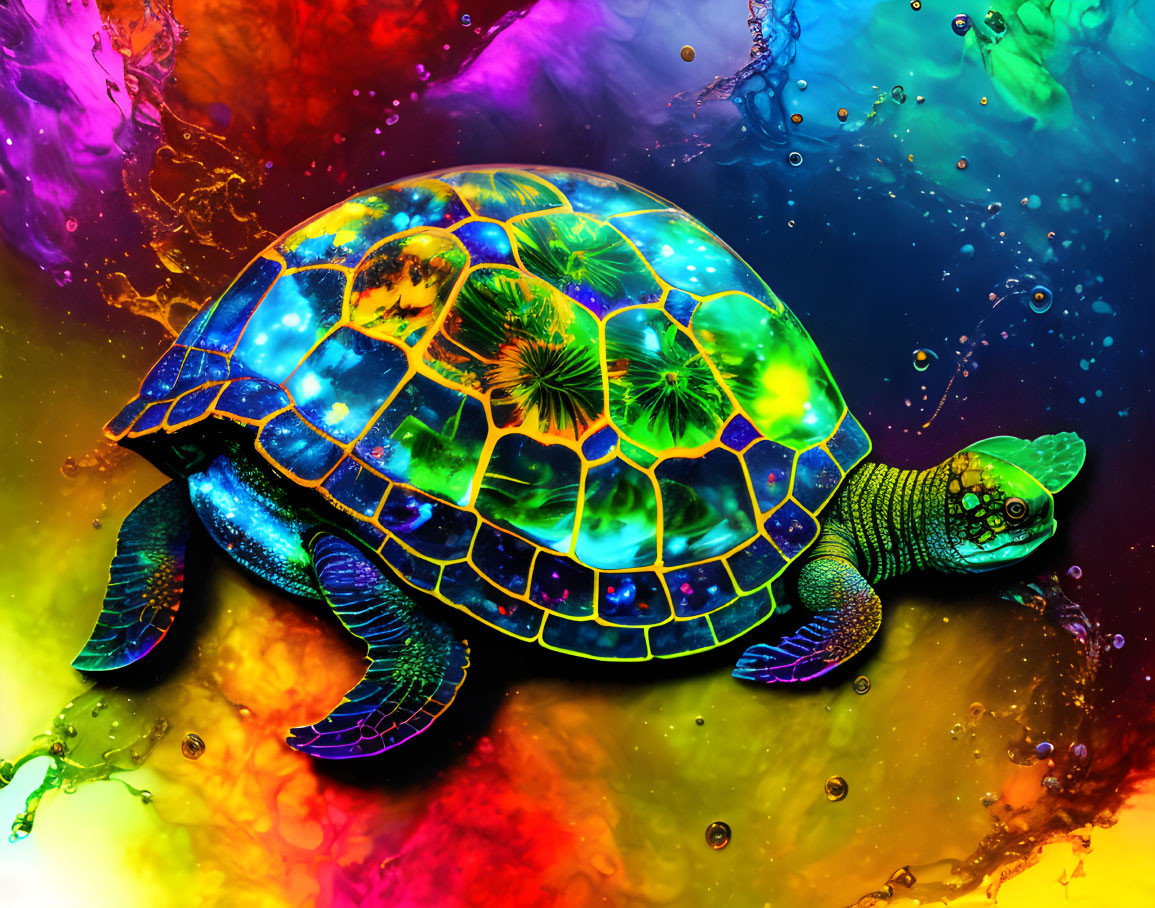 Colorful Turtle Artwork on Multicolored Liquid Background